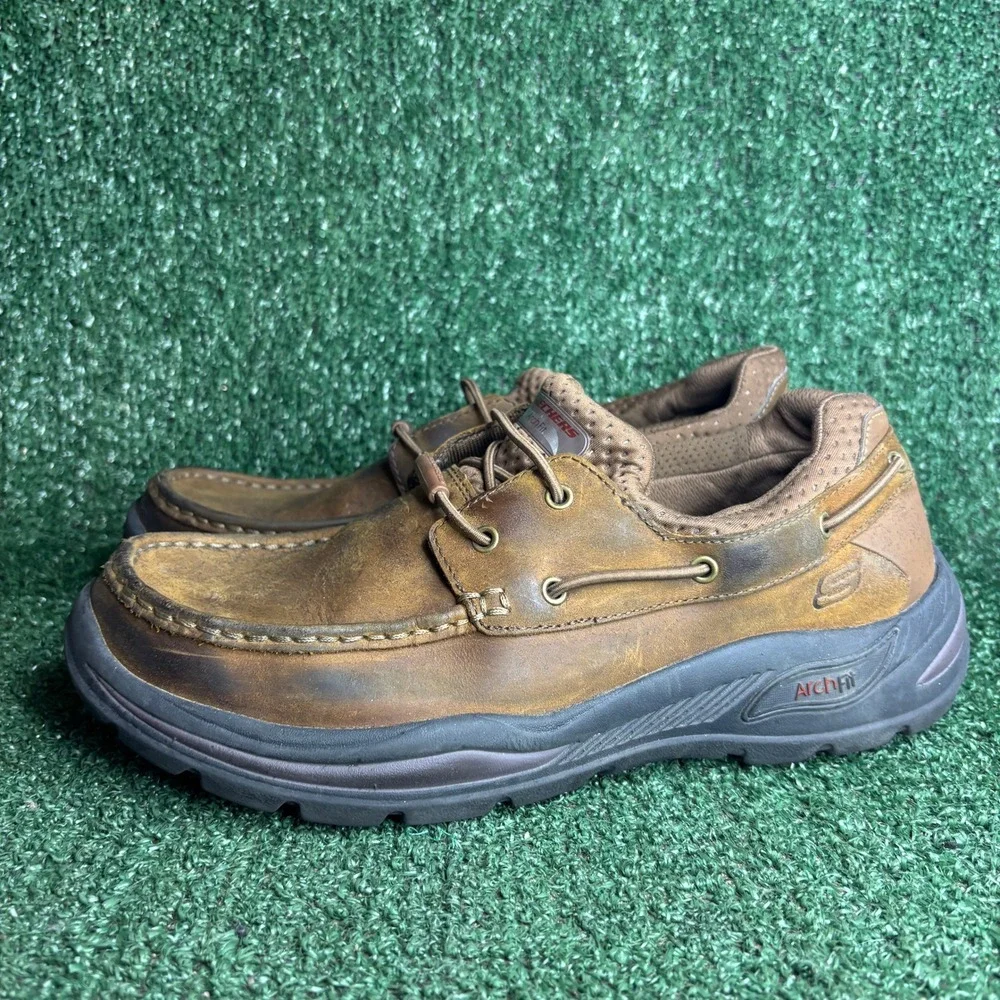 Skechers Arch Fit Motley Hust Boat Shoes Leather Casual Loafers Brown Mens 10.5